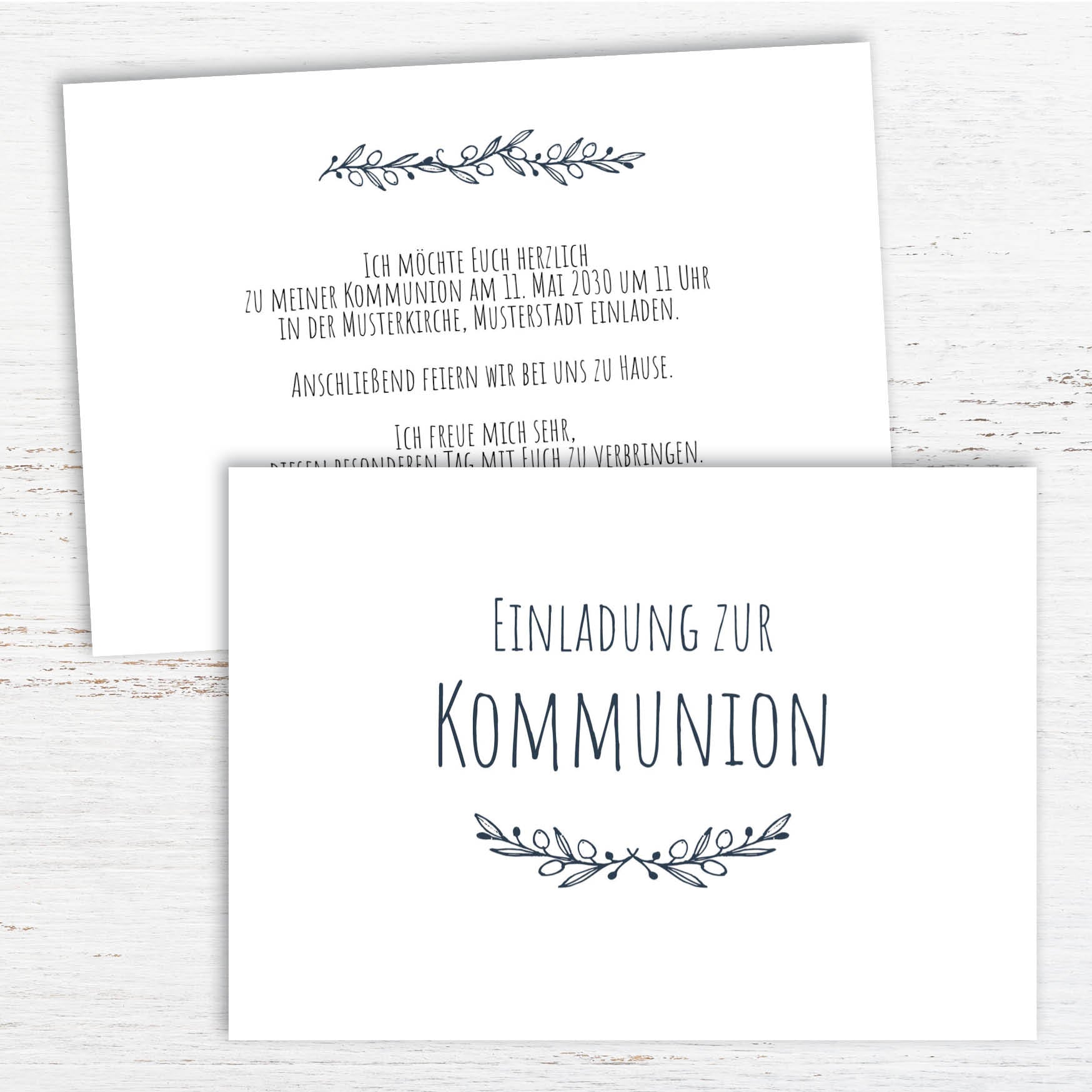 Einladung Kommunion – Elegante Einladungskarte Postkarte Olivenzweig weiß